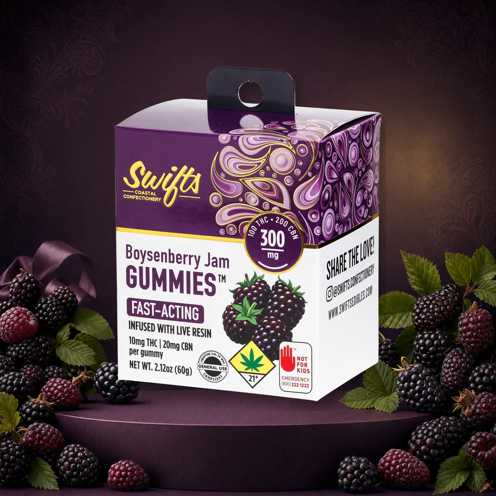 Swifts Boysenberry Jam Gummies package with boysenberries and leaves